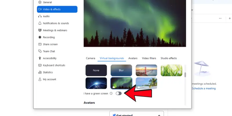 Zoom Virtual Background Settings Showing The 'I Have A Green Screen' Toggle To Enable Better Background Effects During Video Calls.