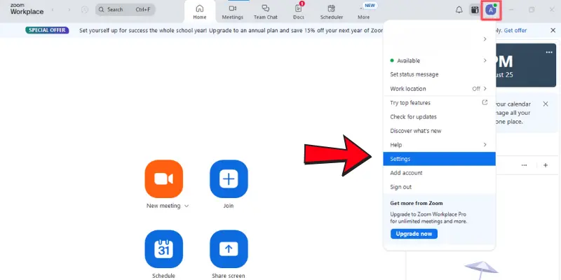 Zoom Desktop App Showing User Profile Menu With Arrow Pointing To Settings Option To Change Webcam Background In Zoom.
