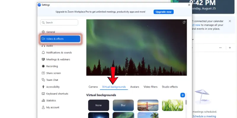 Zoom Settings Page Highlighting The 'Video &Amp; Effects' Tab With The 'Virtual Background' Option Selected For Video Call Customization.