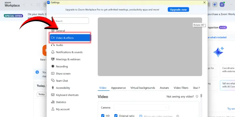 Zoom Settings Screen Highlighting Video &Amp; Effects Section With Camera Preview Area And Video Options For Testing Webcam Before Meetings.
